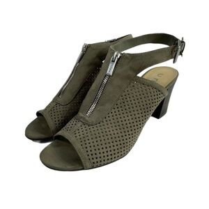 Unisa Faux Suede Unpaice Laser Cut Mesh Peep Toe Zipper Block Heels - Taupe